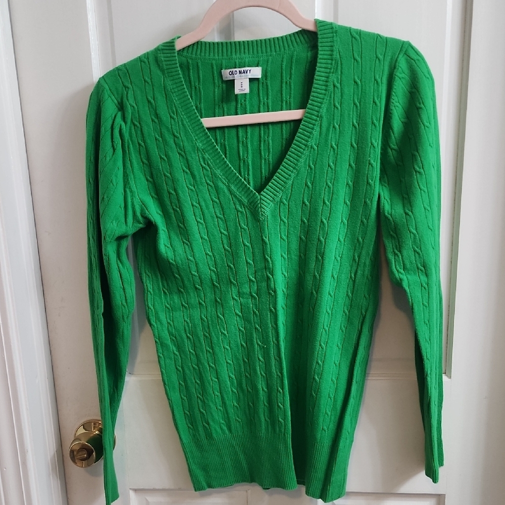 Old Navy Green V-Neck Sweater Cable Knit